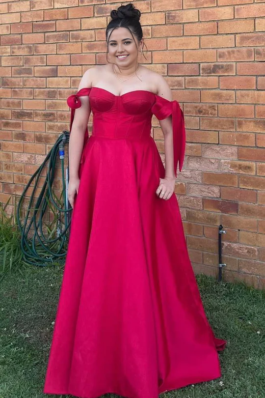 A-Line Off-Shoulder Satin Pleated Red Long formal dresses Bridesmaid Dresses evening gown Prom Dress with Pockets